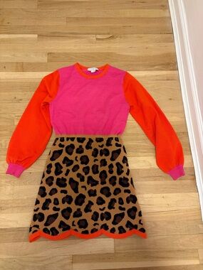 Never Fully Dressed Pink and Orange Colorblock Sweater Dress with Leopard Skirt